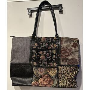 Bueno 88 Vintage Tapestry Carpet Bag Purse Brown Leather Floral Flower Handbag